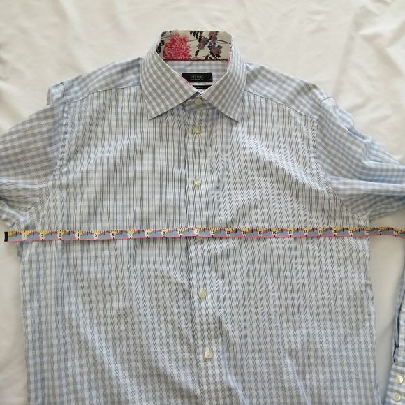 Eton Contemporary Fit Blue White Check Plaid Dress Shirt Floral Trim 16.5 34/35 - Picture 13 of 15